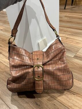 NINE WEST Vintage 2000s Y2k Tan Crocodile Print Shoulder Bag